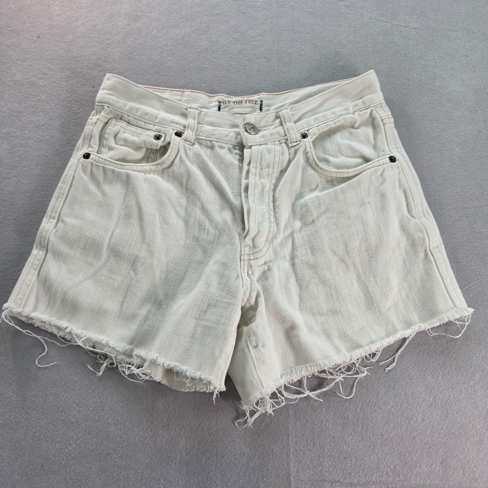 We The Free Free People Ivy Midrise Short Cream Denim Raw Hem Button Fly Size 25